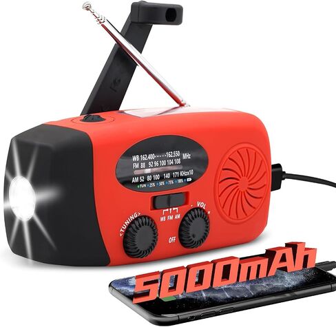 5000mAh Emergency Crank Weather Radio, iRonsnow NOAA/FM/AM Solar Radios, Portable Survival Radio with SOS, Earphone Jack, 1W 4 Modes LED Flashlight, Cell Phone Charger for Camping Hiking in Kuwait