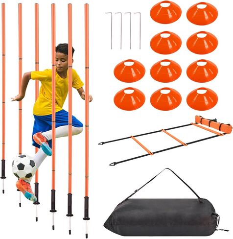 Soccer Training Equipment Agility Training Pole Set, 6 Spring Soccer Plug-in Type Dribbling Pole, Agility Ladder, 10 Soccer Cones for Speed Training, Soccer Training, Basketball Athletes Kids in Saudi Arabia