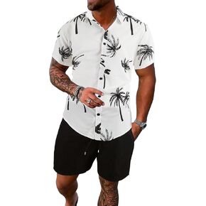Floerns Men's Two Piece Outfit Printed Shirt Top and Drawstring Waist Shorts Set