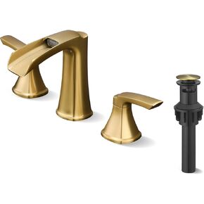 Fapully Brushed Nickel Bathroom Faucet 3 Hole, Waterfall 8 Inch Widespread Bathroom Sink Faucet with Pop-up Drain, Two-Handle Faucet for Bathroom Sink