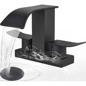 4 Inch Deck Mounted Waterfall Bathroom Faucet with 2 Handle, Brushed Nickel, 24.4-Inch Hot and Cold Supply Line, Pop Up Drain, Ceramic Valve Core, and Complete Installation Kit