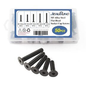 M8 x 10mm 12mm 16mm 20mm 25mm Flat Hex Head Socket Cap Screw，304 Stainless Steel，Fully Threaded，Bright Finish，Replacement Fastener Screws，Allen Hex Drive，Assortment Kit 50PCS