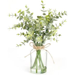 Artificial Eucalyptus Stems in Glass Vase with Faux Water,3Pcs Fake Plant with Double-Sided Green Eucalyptus Leaves for Centerpiece(Double-Sided Green Eucalyptus)