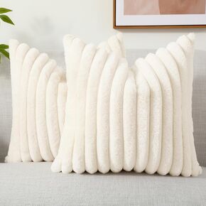 decorUhome Fall Faux Fur Throw Pillow Covers 18x18 Set of 2, Decorative Soft Plush Striped Couch Pillow Covers with Velvet Back for Sofa, Bed, Living Room, Rust