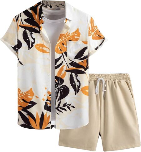 Floerns Men's Two Piece Outfit Printed Shirt Top and Drawstring Waist Shorts Set in Saudi Arabia