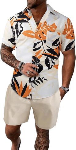 Floerns Men's Two Piece Outfit Printed Shirt Top and Drawstring Waist Shorts Set in Saudi Arabia