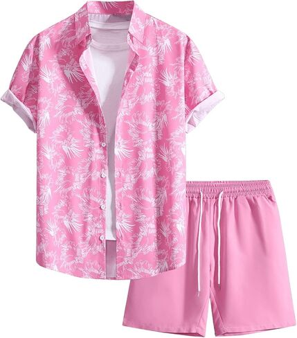 Floerns Men's Two Piece Outfit Printed Shirt Top and Drawstring Waist Shorts Set in Saudi Arabia