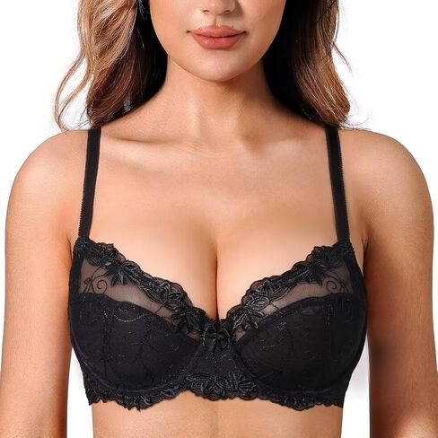 Deyllo Women's Lace Bra Plus Size Underwire Embroidered Unlined Bra See Through Non Padded in Kuwait