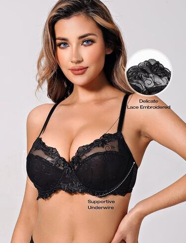 Deyllo Women's Lace Bra Plus Size Underwire Embroidered Unlined Bra See Through Non Padded in Kuwait