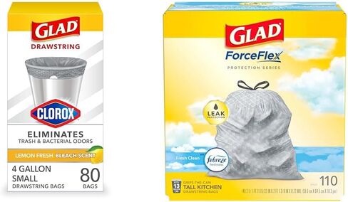 Glad Trash Bags and Food Wrap, ForceFlex Tall Kitchen Drawstring Garbage Bags, 13 Gal, Fresh Clean Scent with Febreze, 110 Ct + Glad Press'n Seal Plastic Food Wrap - 70 Square Foot Roll, (Bundle) in Saudi Arabia