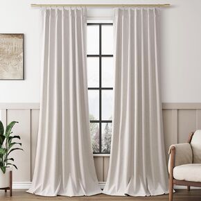 Pinch Pleated Blackout Curtains for Bedroom 2 Panel Sets Neutral Farmhouse Cream Natural Linen Black Out Drapes 84 Inches Long Thermal Insulated Light Blocking Room Darkening Pleat Window Curtains
