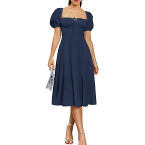 KUTUMAI Women's 2024 Summer Puff Sleeve Midi Dress Lace Up Flowy Split Casual Beach Dresses