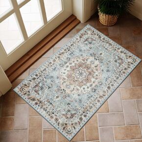 Indoor Door Mats, 2x3 Washable Rug Small Bathroom Rugs Non Slip Vintage Rug for Entryway Indoor,Stain Resistant Throw Rugs for Bedroom Kitchen(Light Blue/Multi)