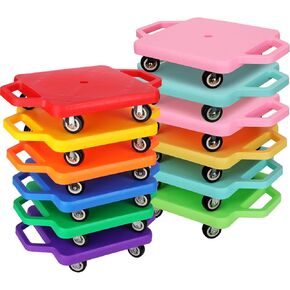 Deekin 12 Pieces Sports Scooter Board with Handles Plastic Casters Floor Scooter Board Sitting Scooter Board for Kids Children Schoo Gym Home Indoor Outdoor Activities Play Equipment