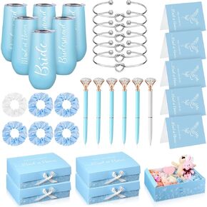 Sabary 34 Pcs Bridesmaids Proposal Gift Set Include 5 Bridesmaids Proposal Box 6 Bridesmaids Wine Tumblers 6 Love Knot Bracelets 6 Diamond Pen 5 Bridesmaid Card with 6 Hair Ties (Blue,Stylish)