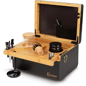 Discovery 2.0 Large Bamboo Box with Fingerprint Lock, Lid, Glass Jars and Tray - Decorative Wooden Storage Box for Keepsakes (10.8" L x 7.87" W x 6" H) (Black) in Kuwait