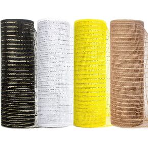 Ribbli 4 Rolls Black Mesh Ribbon, 10 inch x 30 feet(10Yard) Each Roll, Holiday Ribbon for Wreath Swags Black with Gold Foil