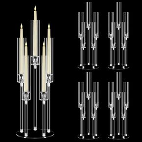 1 Set 5 Arm Acrylic Candle Holder, Mjkeomo 38.5'' Tall Candelabra Centerpieces for Tables Clear Candlesticks Holder with Lampshade for Housewarming Gift Fireplace Dinner Decor Fit 0.87'' LED Candle