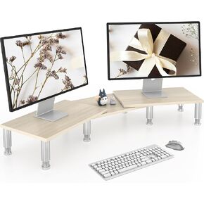 Dual Monitor Stand Riser, Monitor Stand with Adjustable Length and Angle, Wood Monitor Stand for Desk, Monitor Riser for 2 Monitors with Storage Space