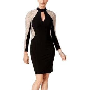 Xscape Women's Long Sleeve Knee Length Beaded Contour Choker Neck Dress, Black Nude Silver, 14