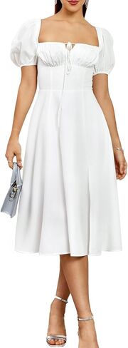 KUTUMAI Women's 2024 Summer Puff Sleeve Midi Dress Lace Up Flowy Split Casual Beach Dresses in Saudi Arabia