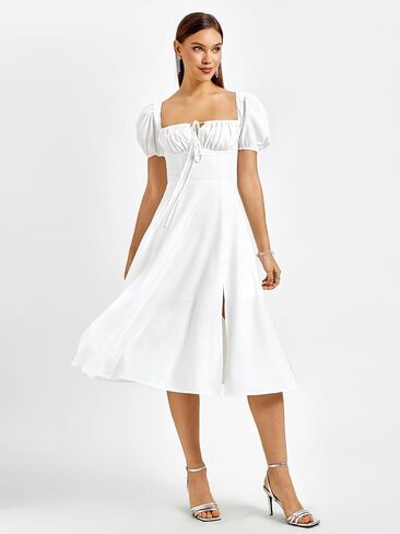 KUTUMAI Women's 2024 Summer Puff Sleeve Midi Dress Lace Up Flowy Split Casual Beach Dresses in Saudi Arabia