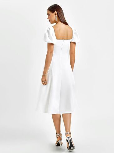 KUTUMAI Women's 2024 Summer Puff Sleeve Midi Dress Lace Up Flowy Split Casual Beach Dresses in Saudi Arabia