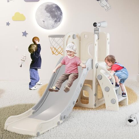 Toddler Slide, 6 in 1 Kids Indoor Slide for Toddlers 1-3, Baby Indoor and Outdoor Climber Playset, Kids Slide with Basketball Hoop and Telescope, Toddler Outdoor Playground (Blue&Gray) in Saudi Arabia