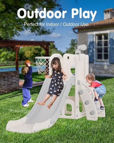 Toddler Slide, 6 in 1 Kids Indoor Slide for Toddlers 1-3, Baby Indoor and Outdoor Climber Playset, Kids Slide with Basketball Hoop and Telescope, Toddler Outdoor Playground (Blue&Gray) in Saudi Arabia