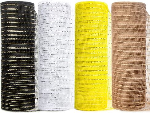 Ribbli 4 Rolls Black Mesh Ribbon, 10 inch x 30 feet(10Yard) Each Roll, Holiday Ribbon for Wreath Swags Black with Gold Foil in Saudi Arabia