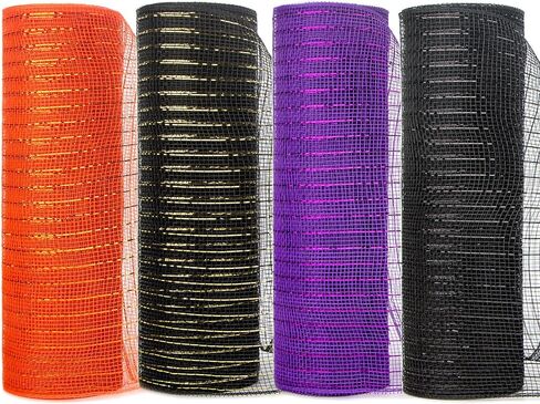 Ribbli 4 Rolls Black Mesh Ribbon, 10 inch x 30 feet(10Yard) Each Roll, Holiday Ribbon for Wreath Swags Black with Gold Foil in Saudi Arabia