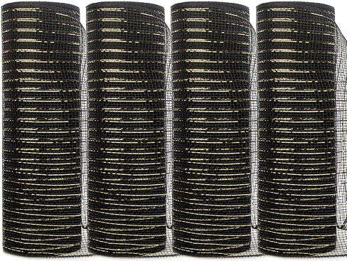 Ribbli 4 Rolls Black Mesh Ribbon, 10 inch x 30 feet(10Yard) Each Roll, Holiday Ribbon for Wreath Swags Black with Gold Foil in Saudi Arabia