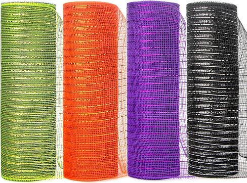 Ribbli 4 Rolls Black Mesh Ribbon, 10 inch x 30 feet(10Yard) Each Roll, Holiday Ribbon for Wreath Swags Black with Gold Foil in Saudi Arabia