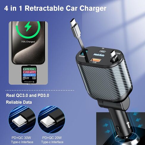 شاحن سيارة قابل للسحب 4 في 1 محول شحن سريع 62 وات كابلات من النوع C/Lightning قابلة للسحب وأجهزة USB C/USB A QC وPD لأجهزة iPhone 15/14/13/12Pro Max Plus، iPad، AirPods، Galaxy، Google in Saudi Arabia