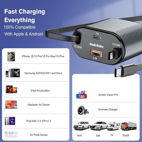 شاحن سيارة قابل للسحب 4 في 1 محول شحن سريع 62 وات كابلات من النوع C/Lightning قابلة للسحب وأجهزة USB C/USB A QC وPD لأجهزة iPhone 15/14/13/12Pro Max Plus، iPad، AirPods، Galaxy، Google in Saudi Arabia