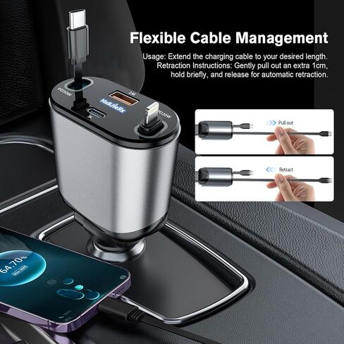 شاحن سيارة قابل للسحب 4 في 1 محول شحن سريع 62 وات كابلات من النوع C/Lightning قابلة للسحب وأجهزة USB C/USB A QC وPD لأجهزة iPhone 15/14/13/12Pro Max Plus، iPad، AirPods، Galaxy، Google in Saudi Arabia