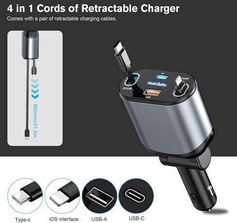 شاحن سيارة قابل للسحب 4 في 1 محول شحن سريع 62 وات كابلات من النوع C/Lightning قابلة للسحب وأجهزة USB C/USB A QC وPD لأجهزة iPhone 15/14/13/12Pro Max Plus، iPad، AirPods، Galaxy، Google in Saudi Arabia