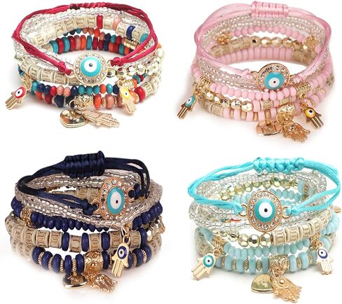 Caiyao 4Pcs Bohemian Multilayer Evil Eye Hamsa Fatima Hand Shell Beads Bracelet Layered Stretch Stackable Acrylic Beaded Protection Bracelet for Women Girl Amulet Goold Luck Jewelry in Saudi Arabia