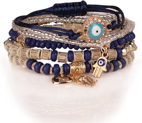 Caiyao 4Pcs Bohemian Multilayer Evil Eye Hamsa Fatima Hand Shell Beads Bracelet Layered Stretch Stackable Acrylic Beaded Protection Bracelet for Women Girl Amulet Goold Luck Jewelry in Saudi Arabia