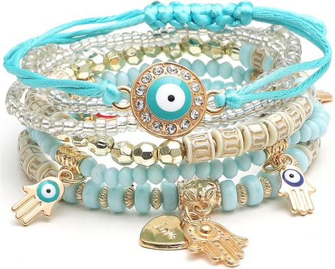 Caiyao 4Pcs Bohemian Multilayer Evil Eye Hamsa Fatima Hand Shell Beads Bracelet Layered Stretch Stackable Acrylic Beaded Protection Bracelet for Women Girl Amulet Goold Luck Jewelry in Saudi Arabia