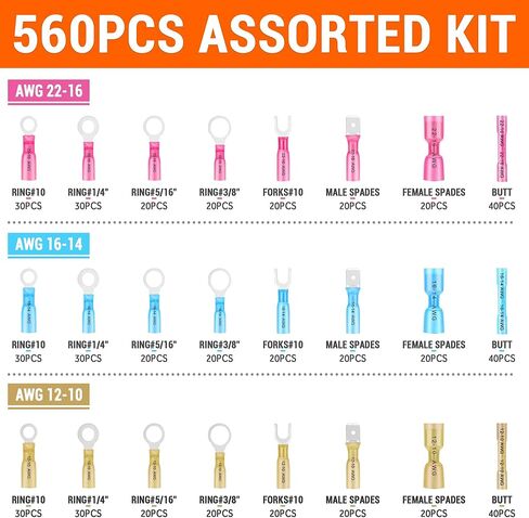 560PCS Heat Shrink Wire Connectors, Waterproof Automotive Marine Electrical Terminals Kit, Crimp Insulated Ring Fork Spade Butt Splice in Saudi Arabia