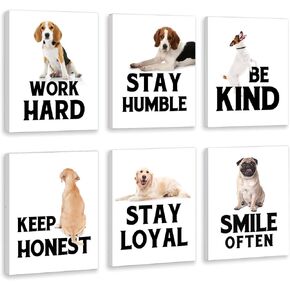 HLNIUC Dog Wall Art, Funny Puppy Canvas Prints (Set Of 6, 8 x 10inch, Framed) Inspirational Poster For Dog Lover, Positive Dog Wall Decor, Cute Animal Picture For Dog Room Motivational Quote Pics