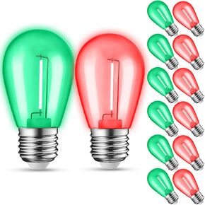 12-Pack Red Green String Light Bulbs, Patio String Light Replacement bulbs for Outdoor Indoor, 1W E26 Base S14 LED Red Green Light Bulbs for Christmas Halloween,Holiday,Home Decor (6 Red + 6 Green)
