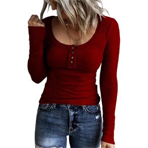 FANGJIN Womens Tops Dark Red Long Sleeve Shirt Women Button Down Long Sleeve Henley Shirts for Women T Shirts Trendy Sweaters XL