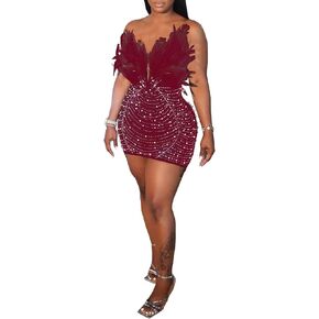 Mojessy Sexy Feather Rhinestone Mini Dress for Women See Through Off Shoulder Bodycon Dresses Event Party Homecoming Purple XS
