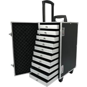 Rolling Jewelry Trolley Case Jewels Sets Display Organizer 10 Layer Removable Trays with Code Locks and Wheels (Black)