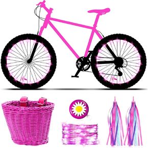 Kid's Bicycle Basket Streamers Set Children's Bike Handlebar Wicker Basket with 2 LED Bike Wheel Lights Colorful Bike Streamers Daisy Bike Bell Bike Decoration Accessories Kit for Kids Bike (Blue)