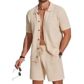 COOFANDY Men's 2 Piece Short Sets Casual Button Down Shirt and Shorts Set Knit Polo Set Vintage Summer Beach Outfits