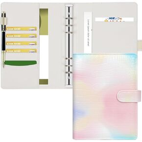 A5 Notebook Binder Refillable 6 Ring Planner Loose Leaf Personal Organizer Binder Cover with 12 Transparent Binder Pockets and 20 Label Stickers, Leather Travel Binder Journal Cover, Baby Blue