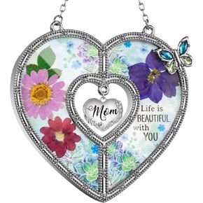 Heart Shaped Butterfly Suncatcher with Pressed Flower for Mom Glass Wind Chime Ornament Charm Grandma Birthday Christmas (Blue, Nana) in Saudi Arabia